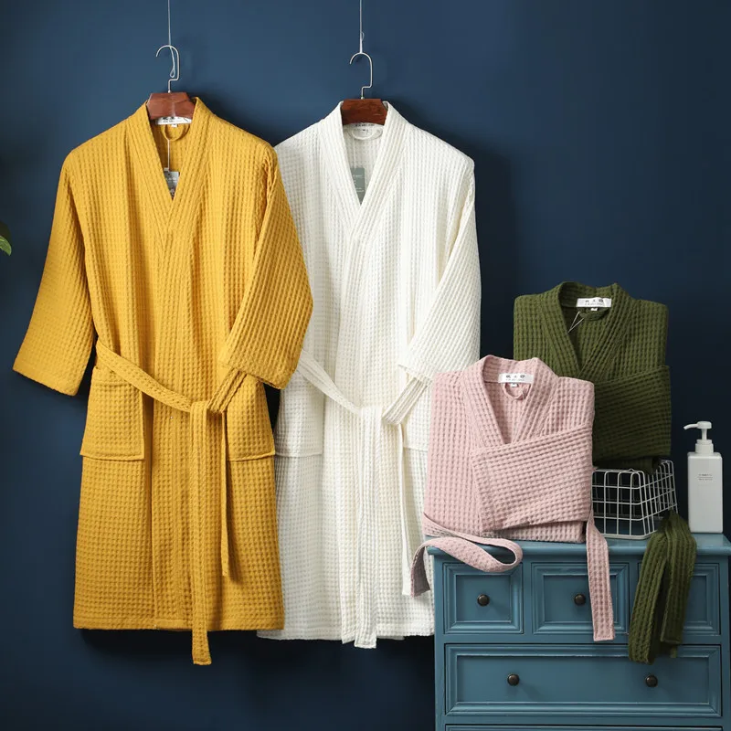Été mince 100% coton gaufré robes femmes long kimono hôtel simple peignoirs couleur pure spa robes grande taille 00223 Été mince 100% coton gaufré robes femmes long kimono hôtel simple peignoirs couleur pure spa robes grande taille 00223