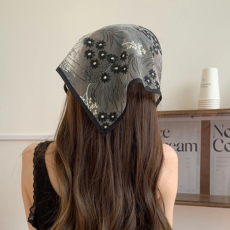 Écharpe de cheveux triangle noir sexy pour femmes, bande de sauna, broderie de fleurs, écharpe de sauna pure, foulard vintage français, accessoires photo de voyage Écharpe de cheveux triangle noir sexy pour femmes, bande de sauna, broderie de fleurs, écharpe de sauna pure, foulard vintage français, accessoires photo de voyage
