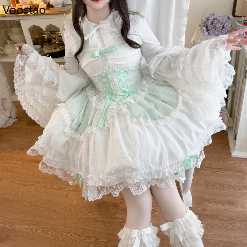 robe japonaise douce lolita jsk pour femmes, élégante, à volants, en dentelle, à bandes, bretelles de princesse, y2k, kawaii, mini robe de soirée thé robe japonaise douce lolita jsk pour femmes, élégante, à volants, en dentelle, à bandes, bretelles de princesse, y2k, kawaii, mini robe de soirée thé