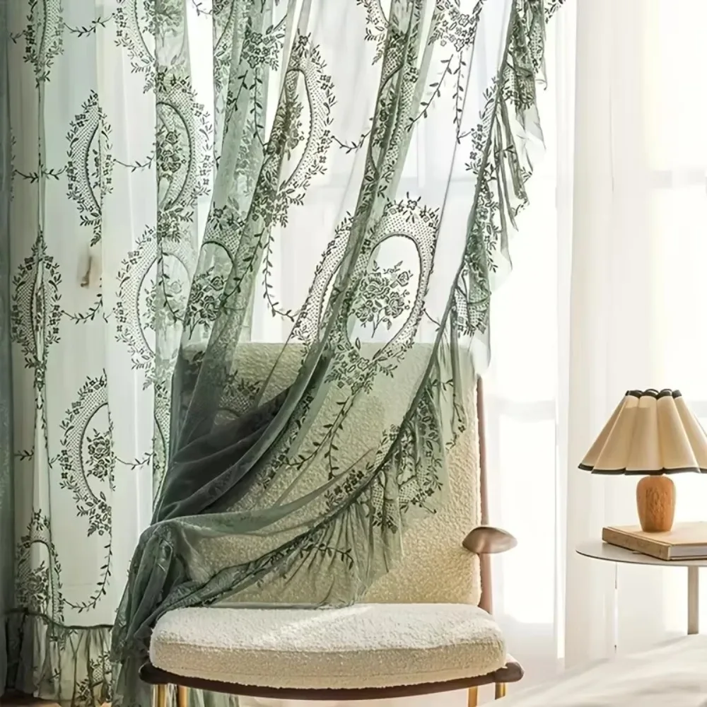 rideau floral en dentelle française, 2 pièces, élégant bord à volants, rideau de gaze rustique brodé, voile rétro pour chambre à coucher rideau floral en dentelle française, 2 pièces, élégant bord à volants, rideau de gaze rustique brodé, voile rétro pour chambre à coucher