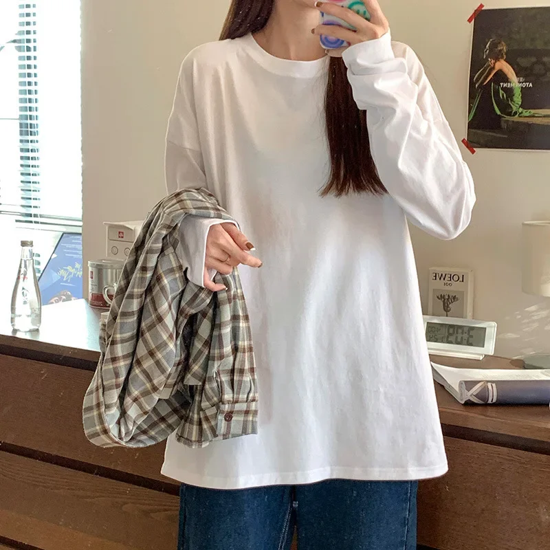 t shirt blanc à manches longues pour femme, haut étudiant, automne, adt ins t shirt blanc à manches longues pour femme, haut étudiant, automne, adt ins