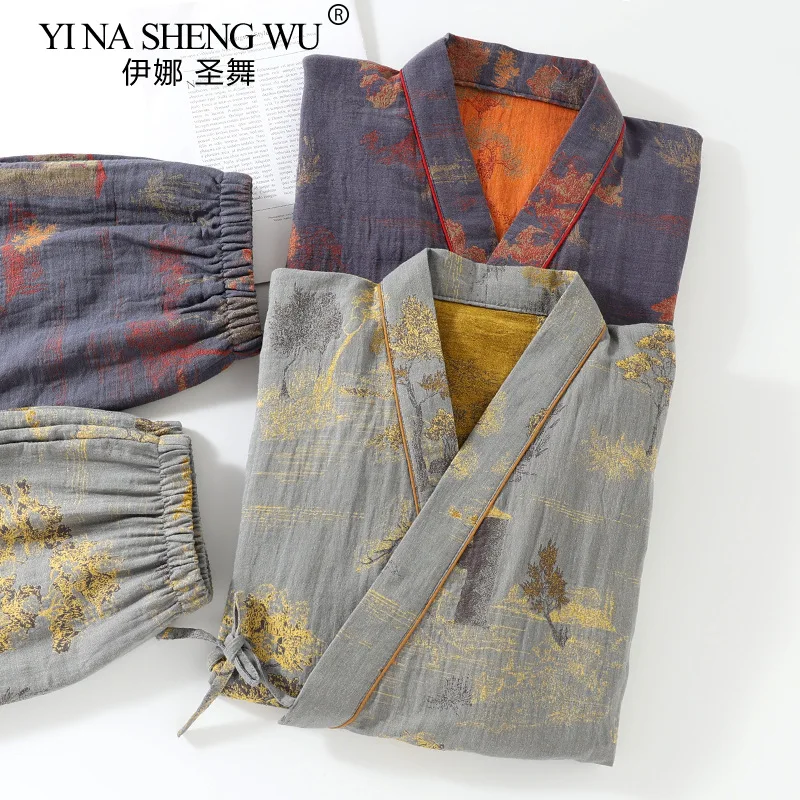 robes kimono pour hommes avec pantalons longs, ensemble de pyjamas, vêtements de maison, coton, printemps et automne robes kimono pour hommes avec pantalons longs, ensemble de pyjamas, vêtements de maison, coton, printemps et automne