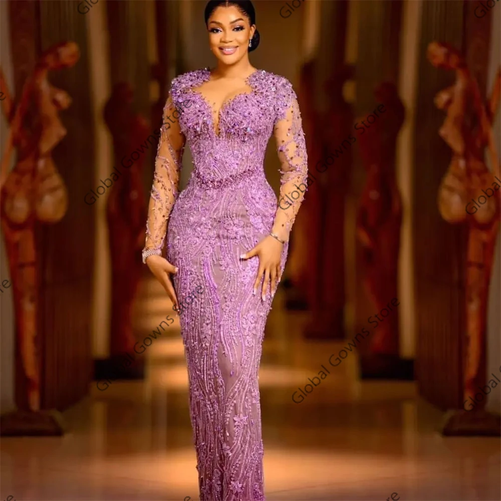 robe de soirée à manches longues pour femmes, aso ebi, perles violettes, appliques, robe d'anniversaire, occasion spéciale, personnalisée, 2024 robe de soirée à manches longues pour femmes, aso ebi, perles violettes, appliques, robe d'anniversaire, occasion spéciale, personnalisée, 2024
