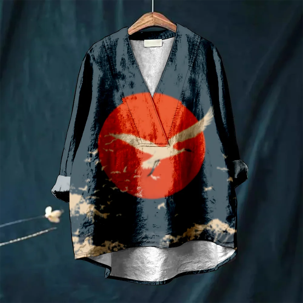 harajuku japonais grue imprimé femmes décontracté col en v chemise rétro floral kimono blouse hipster vintage chemises été confortable hauts harajuku japonais grue imprimé femmes décontracté col en v chemise rétro floral kimono blouse hipster vintage chemises été confortable hauts