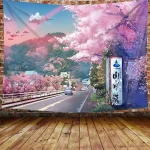 Tapisserie de paysage d’anime montagne japonaise avec des fleurs de cerisier tapisserie murale d’art esthétique de Village Sakura pour chambre à coucher Tapisserie de paysage d’anime montagne japonaise avec des fleurs de cerisier tapisserie murale d’art esthétique de Village Sakura pour chambre à coucher