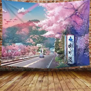 Tapisserie de paysage d’anime montagne japonaise avec des fleurs de cerisier tapisserie murale d’art esthétique de Village Sakura pour chambre à coucher Tapisserie de paysage d’anime montagne japonaise avec des fleurs de cerisier tapisserie murale d’art esthétique de Village Sakura pour chambre à coucher