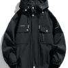 veste pour hommes style coréen multi poches coupe vent à capuche unisexe manteau surdimensionné streetwear noir coupe vent vestes décontractée
