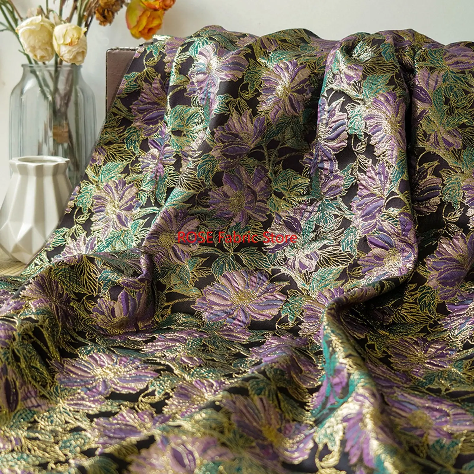 tissu jacquard à fleurs en soie dorée, 1 mètre, à la mode, pour robe, jupe, sac, tissu à coudre décoratif tissu jacquard à fleurs en soie dorée, 1 mètre, à la mode, pour robe, jupe, sac, tissu à coudre décoratif