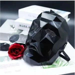 Masque de fête géométrique futuriste Style technique noir avec bouche en maille respirante – Parfait pour les fêtes à thème de cosplay d&rsquo;Halloween