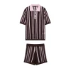 hauts tricotés à rayures pour femmes, pull ample décontracté, à la mode, manches courtes, boutons, revers, costume short, nouvelle collection été