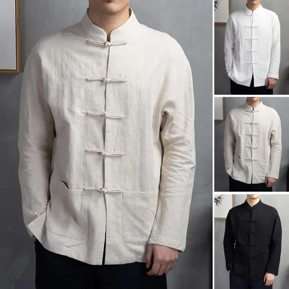 Costume Tang chinois traditionnel en coton pour hommes, haut à manches longues, uniforme de Kung Fu Tai Chi, chemise, manteau chemisier, printemps automne Costume Tang chinois traditionnel en coton pour hommes, haut à manches longues, uniforme de Kung Fu Tai Chi, chemise, manteau chemisier, printemps automne