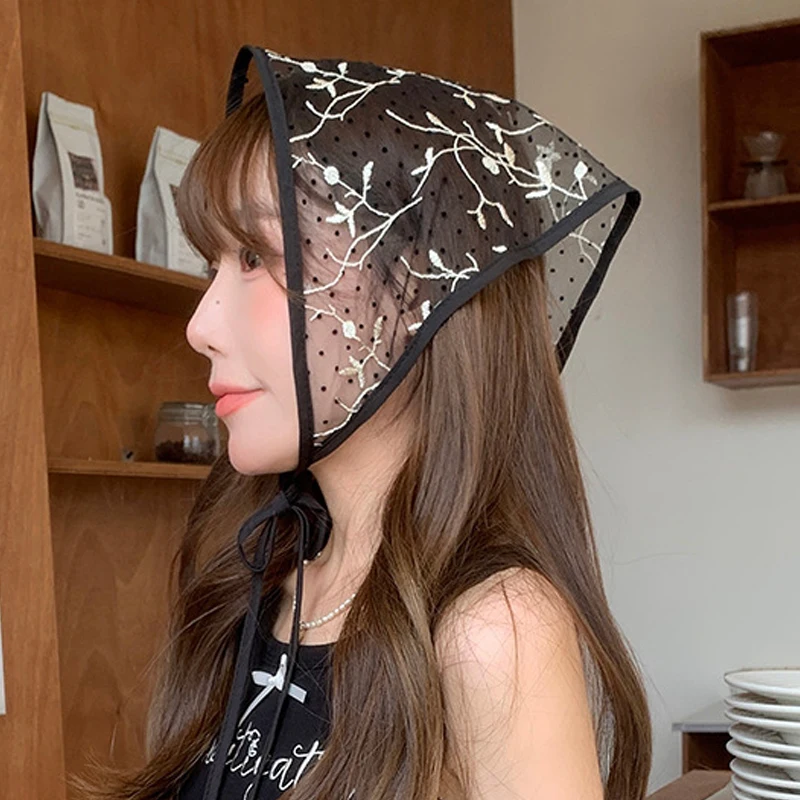 Écharpe de cheveux triangle noir sexy pour femmes, bande de sauna, broderie de fleurs, écharpe de sauna pure, foulard vintage français, accessoires photo de voyage Écharpe de cheveux triangle noir sexy pour femmes, bande de sauna, broderie de fleurs, écharpe de sauna pure, foulard vintage français, accessoires photo de voyage
