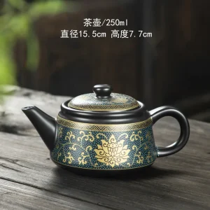 Théière en céramique chic de 250ml, théière noire faite à la main avec Inscriptions dorées, bouilloire à thé rétro Kung Fu, service à thé