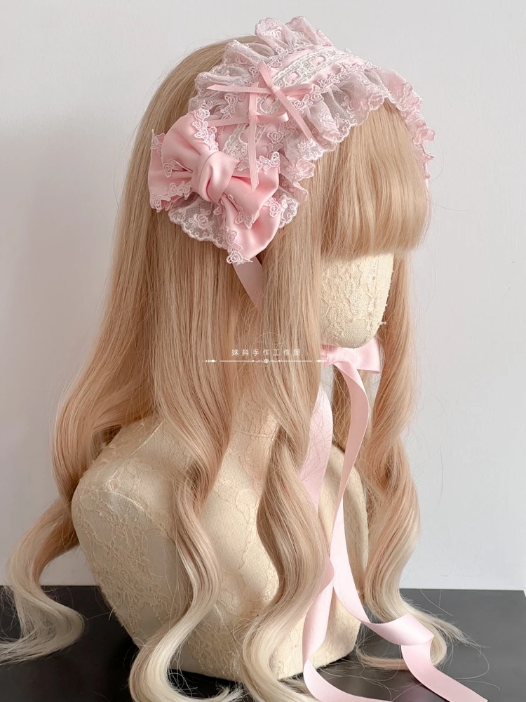 Accessoires pour cheveux Lolita originaux faits à la main, blanc et noir, coiffure rose bleu, bandeau en dentelle avec nœud Kc Accessoires pour cheveux Lolita originaux faits à la main, blanc et noir, coiffure rose bleu, bandeau en dentelle avec nœud Kc