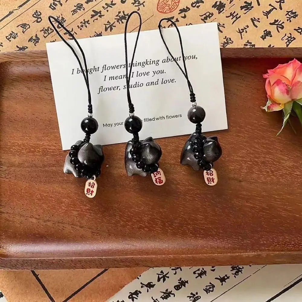 Argent obsidienne chat chanceux chat tresse corde pendentif tissage corde pierre sac breloques bonne Fortune Adorable voiture porte-clés téléphone pendentif Argent obsidienne chat chanceux chat tresse corde pendentif tissage corde pierre sac breloques bonne Fortune Adorable voiture porte-clés téléphone pendentif