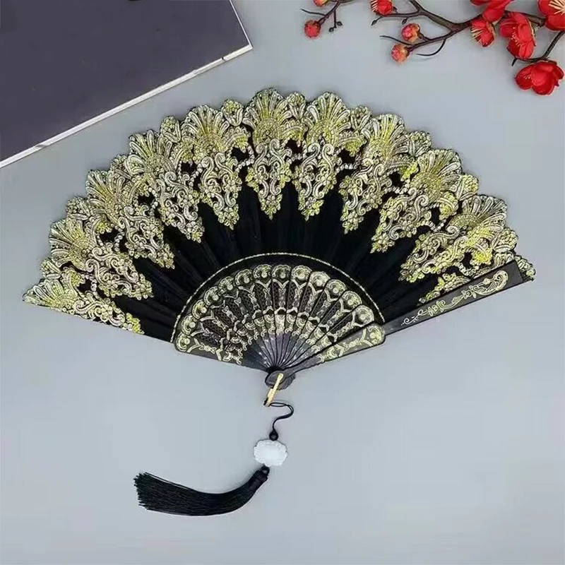Éventail ancien chinois pliant en plastique, éventail hanfu pour femmes, décoration de maison japonaise, danse noire et rouge, éventail pliant pour fête de mariage Éventail ancien chinois pliant en plastique, éventail hanfu pour femmes, décoration de maison japonaise, danse noire et rouge, éventail pliant pour fête de mariage