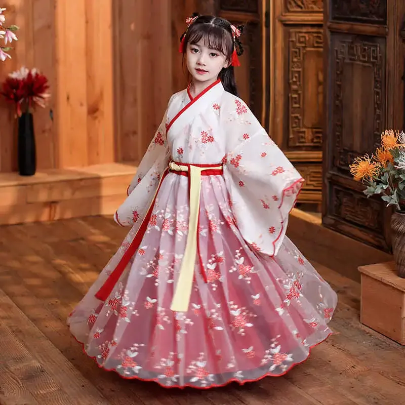 Robe chinoise en soie pour filles et enfants, Kimono traditionnel chinois Vintage ethnique Antique, Costume de danse, ensemble Hanfu Cosplay Robe chinoise en soie pour filles et enfants, Kimono traditionnel chinois Vintage ethnique Antique, Costume de danse, ensemble Hanfu Cosplay