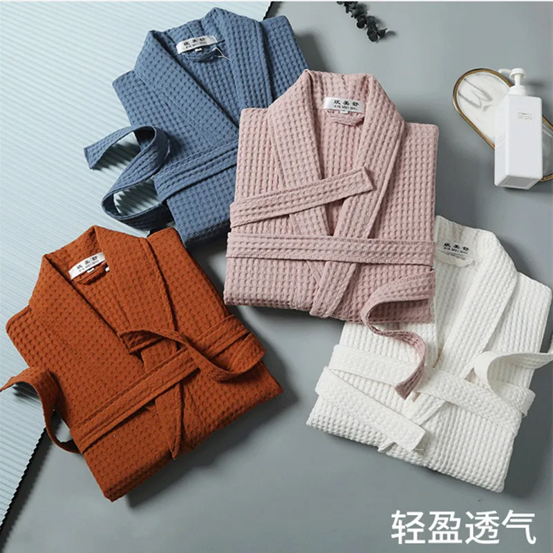 Été mince 100% coton gaufré robes femmes long kimono hôtel simple peignoirs couleur pure spa robes grande taille 00223 Été mince 100% coton gaufré robes femmes long kimono hôtel simple peignoirs couleur pure spa robes grande taille 00223