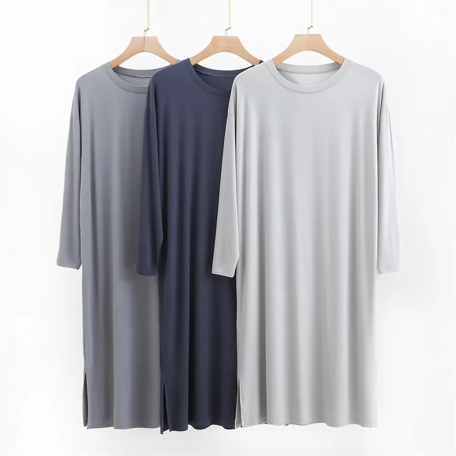 peignoir mi long à manches longues et col rond pour hommes, robe décontractée, vêtements de nuit en modal doux, monochromatique, mince, vêtements de nuit d'été, nouveau, 2025 peignoir mi long à manches longues et col rond pour hommes, robe décontractée, vêtements de nuit en modal doux, monochromatique, mince, vêtements de nuit d'été, nouveau, 2025