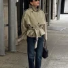 trench court kaki pour femmes, épaulettes, col montant, cordon de serrage à la taille, veste ceinturée, tendance, vêtements d'extérieur pratiques, 2025