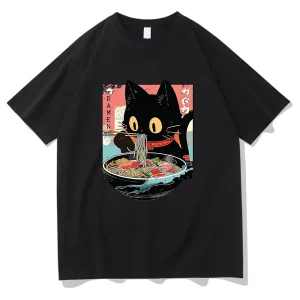 Été Kawaii chat mangeant des nouilles Ramen Anime t-shirt hommes/femmes vêtements Harajuku vêtements unisexe hauts t-shirts graphiques t-shirts été