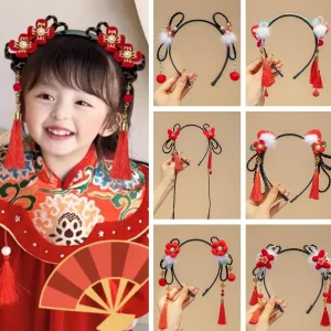 Ensemble d&rsquo;accessoires pour cheveux traditionnels chinois pour filles, bandeau de princesse avec fausses tresses, pinces à cheveux pour enfants, robe fantaisie de fête