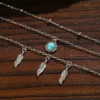 collier ethnique turquoise à plusieurs couches pour femmes, pendentif rétro en argent à trois couches de feuille de tournesol, bohème, bijoux cadeaux, nouvelle collection