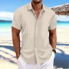 chemise ample décontractée à manches courtes pour hommes, en coton et lin rayé, jacquard, nouvelle collection