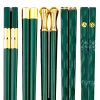 Ensemble de baguettes alimentaires coréennes, bâtonnets à sushi, baguettes non aldes, baguettes de service pour hôtel et restaurant, vert et or, 5 paires