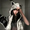 chapeau écharpe en fourrure japonais kawaii pour femme, garde au chaud, mode esthétique y2k, casquette vintage, oreilles d'ours, streetwear grunge, hiver