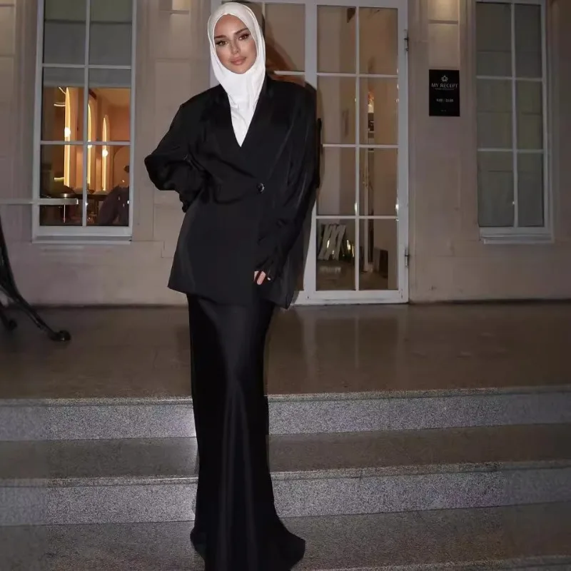 ensemble 2 pièces en satin pour femmes musulmanes, élégant, solide, blazer, col, manteau, jupes longues, ensemble assorti, nouveau streetwear populaire, printemps 2025 ensemble 2 pièces en satin pour femmes musulmanes, élégant, solide, blazer, col, manteau, jupes longues, ensemble assorti, nouveau streetwear populaire, printemps 2025