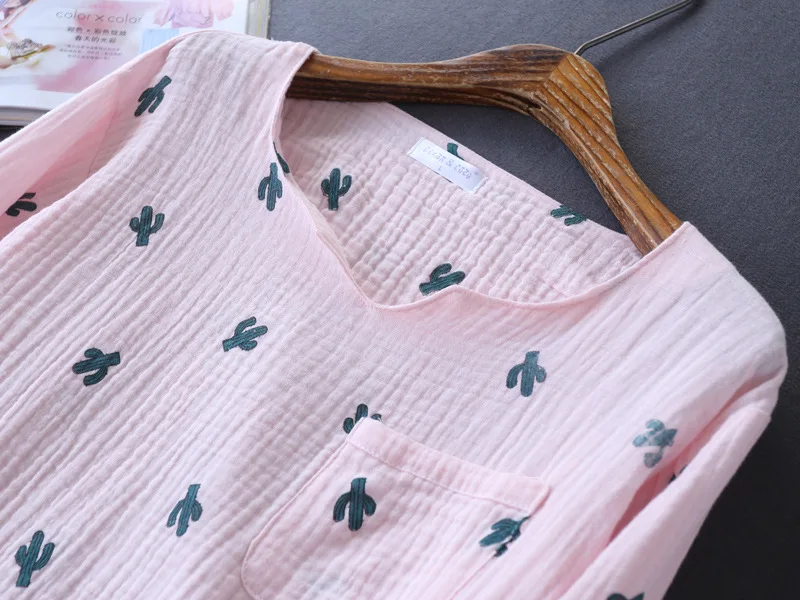 pyjama cactus en crêpe de coton pour femme, pantalon à manches longues, confortable, service à domicile, nouveau style japonais, printemps et automne pyjama cactus en crêpe de coton pour femme, pantalon à manches longues, confortable, service à domicile, nouveau style japonais, printemps et automne