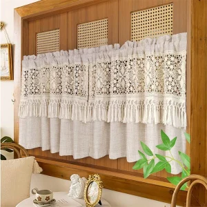 Rideau court en dentelle géométrique creuse, café léger Simple japonais avec pompon Beige, pour salon, chambre à coucher, baie vitrée Rideau court en dentelle géométrique creuse, café léger Simple japonais avec pompon Beige, pour salon, chambre à coucher, baie vitrée