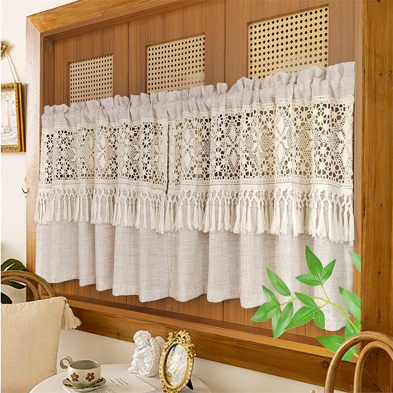 Rideau court en dentelle géométrique creuse, café léger Simple japonais avec pompon Beige, pour salon, chambre à coucher, baie vitrée Rideau court en dentelle géométrique creuse, café léger Simple japonais avec pompon Beige, pour salon, chambre à coucher, baie vitrée