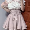 ensemble jupe japonaise douce kawaii pour femmes, chemise élégante à volants, épaules dénudées, nœud en dentelle + mini jupe esthétique y2k, ensemble 2 pièces lolita