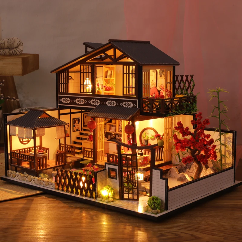 Kit de modèle Miniature en bois, bricolage, maison japonaise, maisons de poupée assemblées avec meubles, décoration de maison, cadeaux d’anniversaire pour amis Kit de modèle Miniature en bois, bricolage, maison japonaise, maisons de poupée assemblées avec meubles, décoration de maison, cadeaux d’anniversaire pour amis