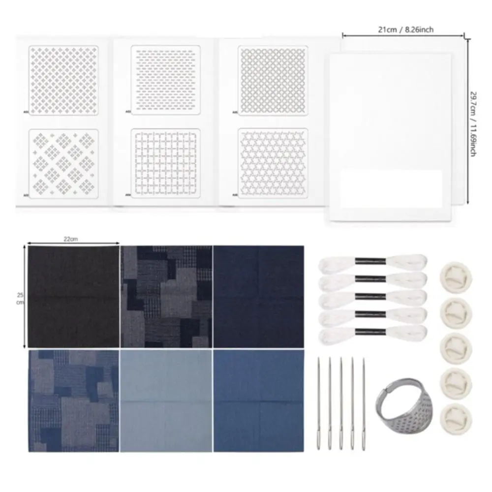 ensemble de broderie sashiko soluble dans l'eau pour débutant, tissu denim avec fil et aiguilles, kit de broderie à la main, portable et doux ensemble de broderie sashiko soluble dans l'eau pour débutant, tissu denim avec fil et aiguilles, kit de broderie à la main, portable et doux