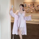 Peignoir Kimono de mariée pour femmes, ensemble de Robe en Satin et dentelle, vêtements de nuit décontractés, chemise de nuit à bretelles Sexy