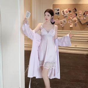 Peignoir Kimono de mariée pour femmes, ensemble de Robe en Satin et dentelle, vêtements de nuit décontractés, chemise de nuit à bretelles Sexy Peignoir Kimono de mariée pour femmes, ensemble de Robe en Satin et dentelle, vêtements de nuit décontractés, chemise de nuit à bretelles Sexy