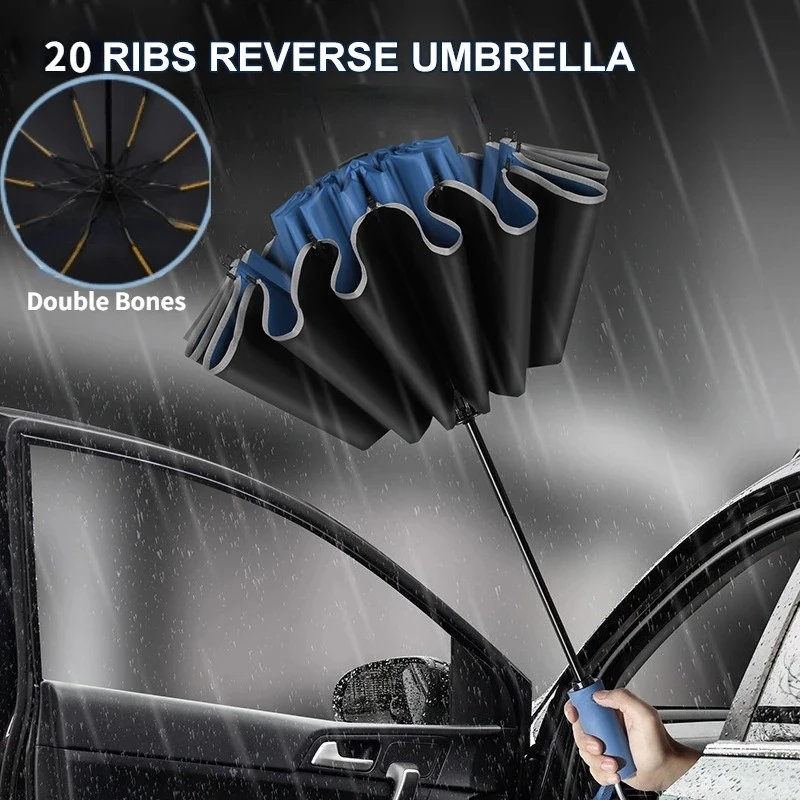 Parapluie pliant inversé entièrement automatique pour hommes et femmes, avec bande réfléchissante coupe-vent, UV Parapluie pliant inversé entièrement automatique pour hommes et femmes, avec bande réfléchissante coupe-vent, UV