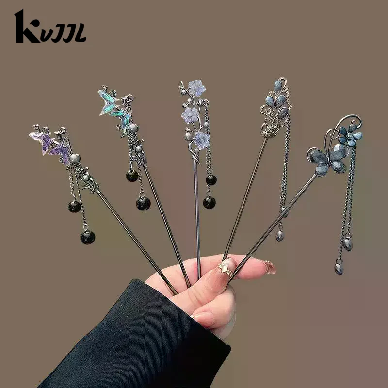 Épingle à cheveux à fleurs de style néo chinois, bâtons de cheveux à pampilles de fleurs colorées à l'encre pour femmes, bijoux en métal élégants, accessoire pour cheveux Épingle à cheveux à fleurs de style néo chinois, bâtons de cheveux à pampilles de fleurs colorées à l'encre pour femmes, bijoux en métal élégants, accessoire pour cheveux
