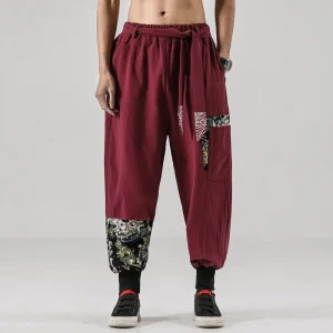 Pantalon Kimono Japonais en Coton et Lin pour Homme, Costume de Samouraï, Imprimé Rétro, Ceinture, Haori At Fjj Hip Hop