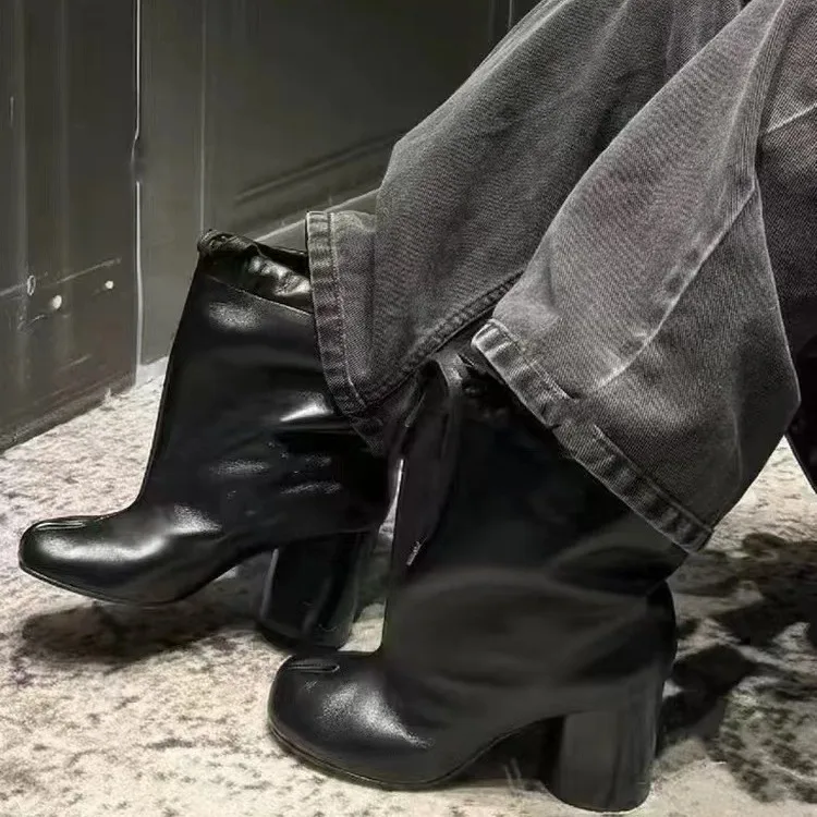 tabi – bottes à bout fendu pour femme, avec cordon de serrage, talons hauts noués, sabot de mouton, sabot de cochon, à la mode, bout rond, talon épais, été et hiver tabi – bottes à bout fendu pour femme, avec cordon de serrage, talons hauts noués, sabot de mouton, sabot de cochon, à la mode, bout rond, talon épais, été et hiver