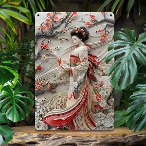Art mural en aluminium Geisha japonais, signe en métal gaufré 3D, décor de style vintage pour le salon, affiche murale décorative