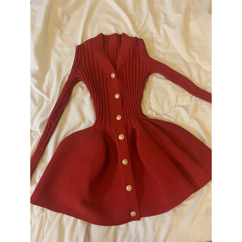 Mini robe tricotée rouge Vintage pour femmes, élégante, col en V, manches longues, pull, hiver, coréen, moulante, ligne A, nouvelle collection