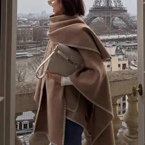 Poncho tricoté pour femmes, coutures contrastées blanches, ourlet asymétrique, manteau surdimensionné, automne hiver 2025, vêtements d&rsquo;extérieur décontractés quotidiens