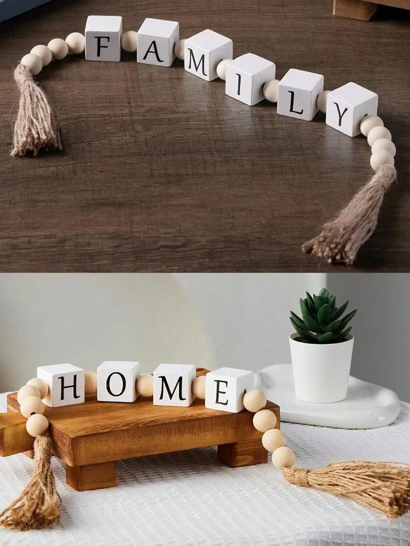 Guirlande de pampilles en perles de lettres en bois, corde de chanvre créative, décoration de maison, couronne moderne, ornement de salon et de chambre à coucher Guirlande de pampilles en perles de lettres en bois, corde de chanvre créative, décoration de maison, couronne moderne, ornement de salon et de chambre à coucher