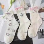 3 paires de miniso version coréenne style académique sanrio motif de dessin animé Hello Kitty chaussettes mi-mollet simples et confortables pour femmes