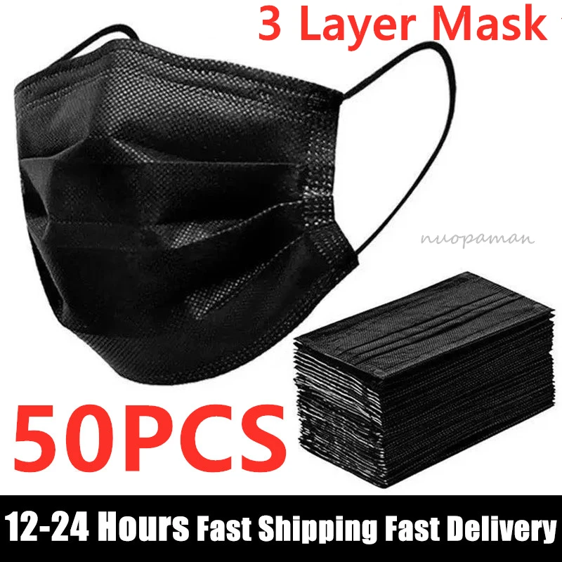 Masque facial jetable noir non tissé, 3 couches, filtre Anti-poussière, masques de protection respirants pour adultes, 10/50 pièces, en Stock Masque facial jetable noir non tissé, 3 couches, filtre Anti-poussière, masques de protection respirants pour adultes, 10/50 pièces, en Stock