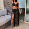 femmes deux pièces maillot de bain plage couvrir mode couleur unie tricoté taille haute gland jupe longue maillot de bain couvrir bikini